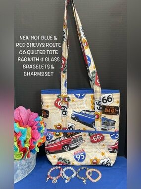 New Quilted Route 66 57 Chevy Cars Handmade Tote Bag with 4 Glass Bracelet Set
